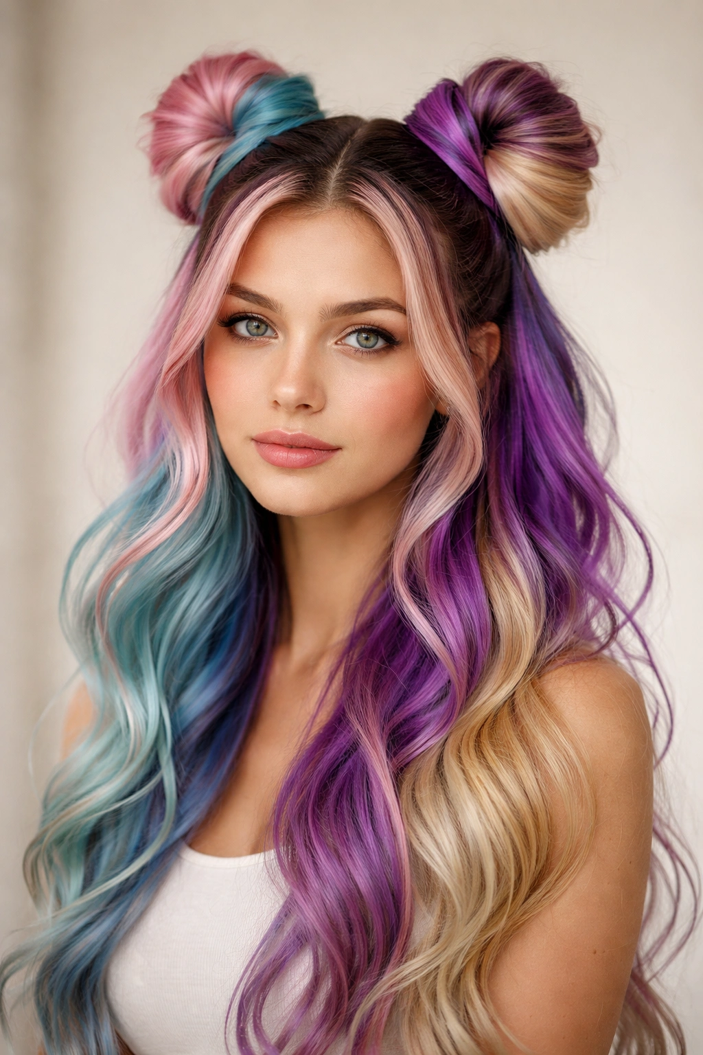 Color-blocked space buns showing multiple color tones with reflective light