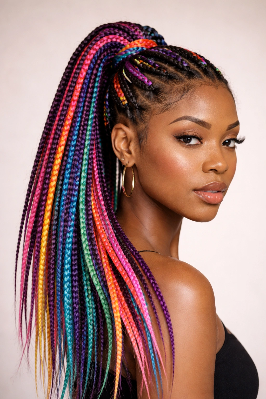 Colored box braids in vibrant colors styled into a high faux ponytail