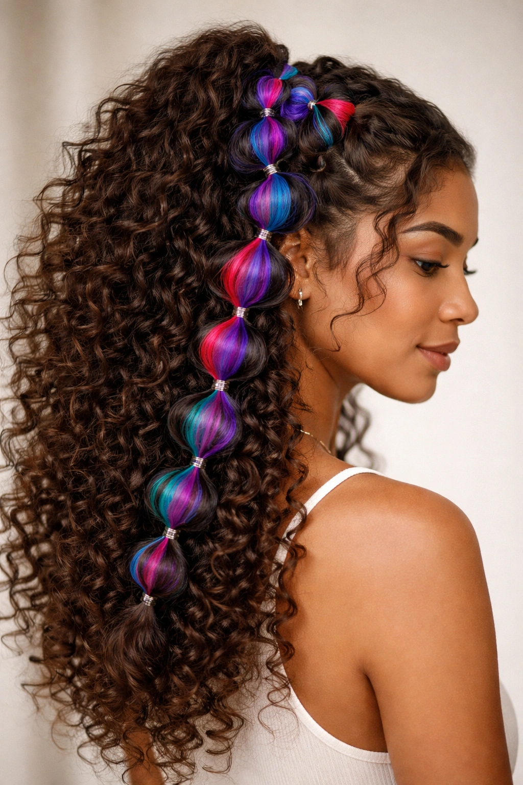 Colored sections visible through a bubble braid on curly hair