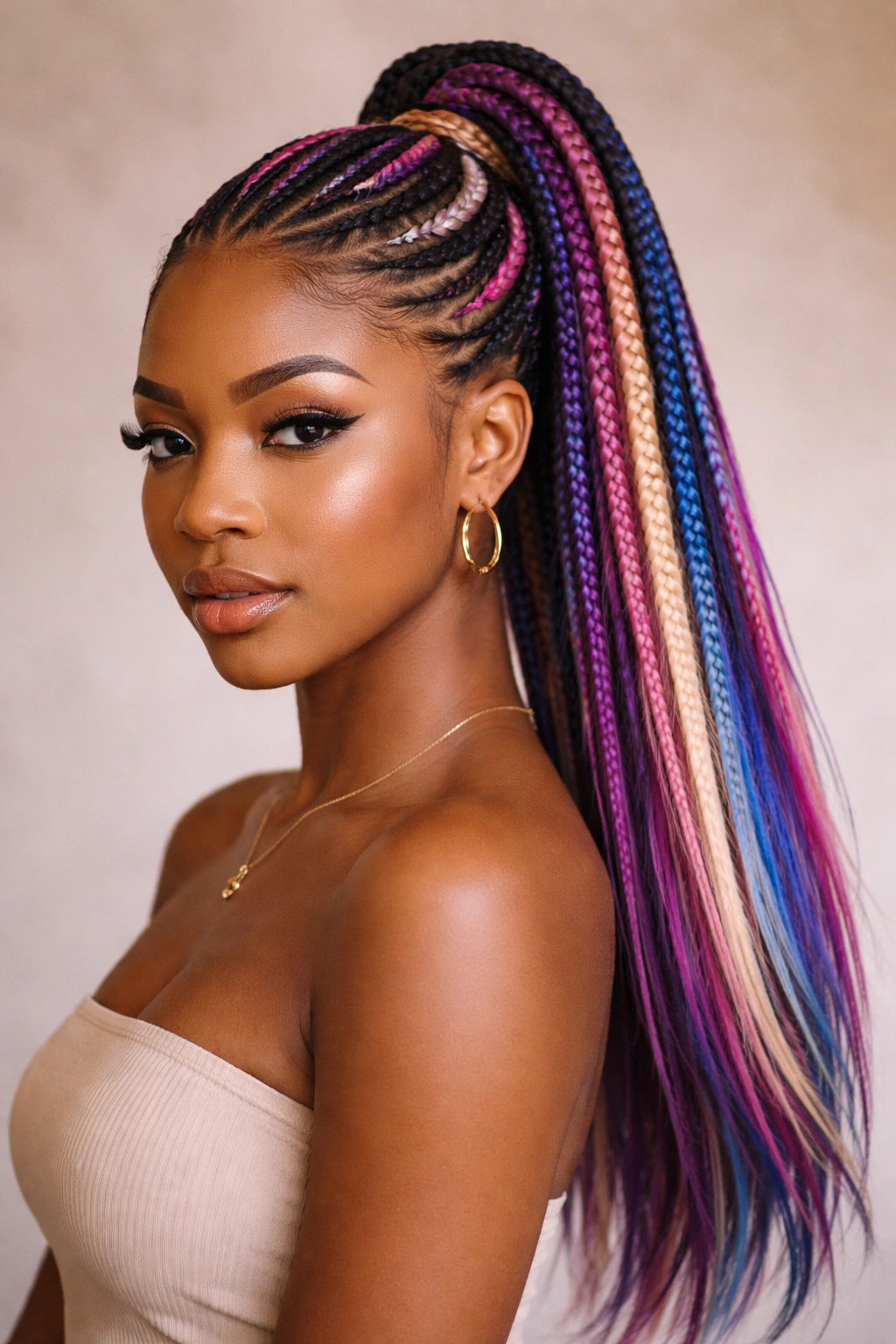 Colored cornrow ponytail with multi-tone braids