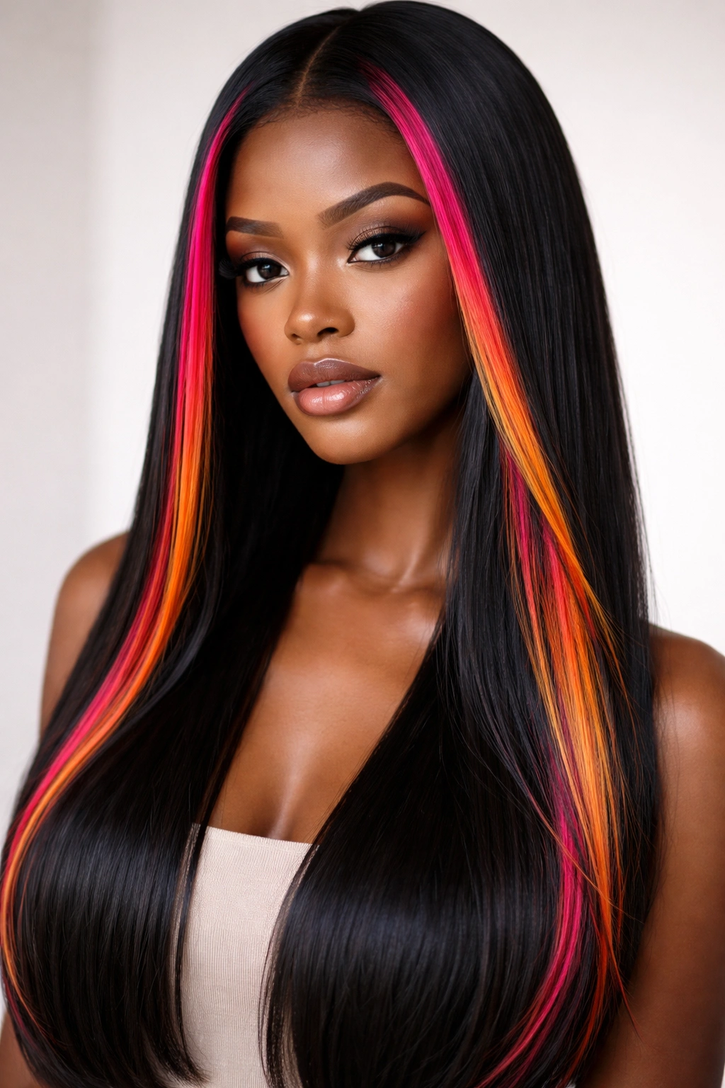 Face-framing straight hair with bold colored edges