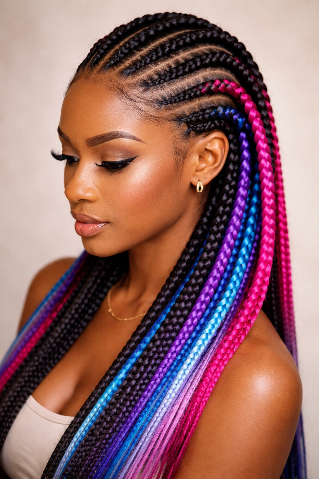 Feed-in cornrows with colored extensions in bold hues