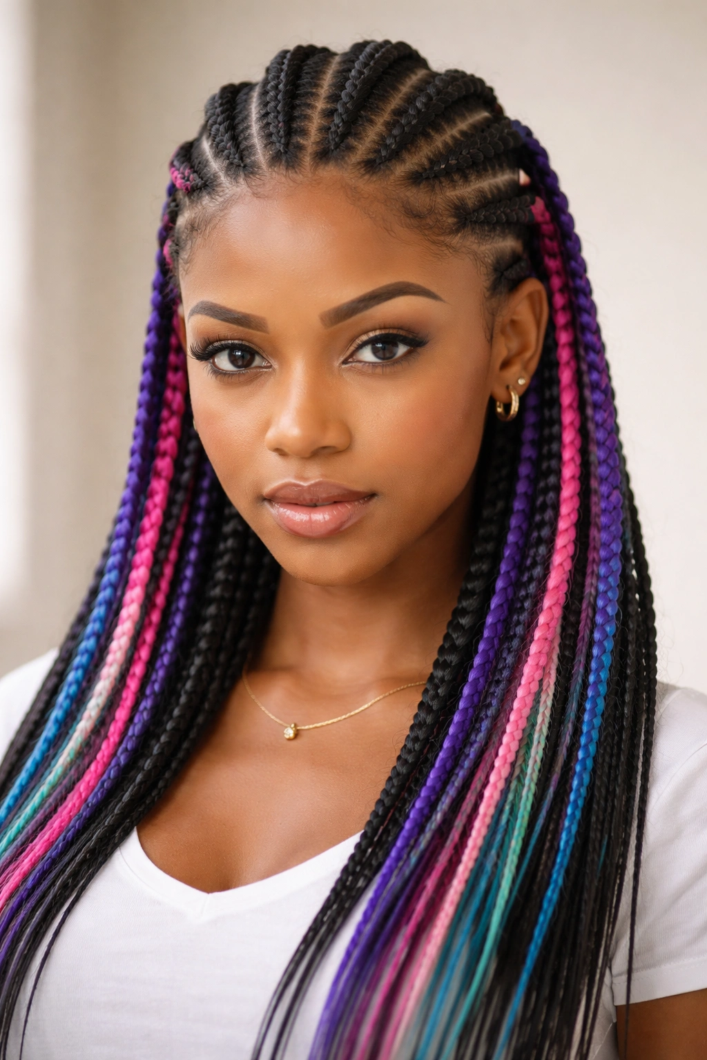 Straight-back cornrows braided with colored extensions in vibrant tones