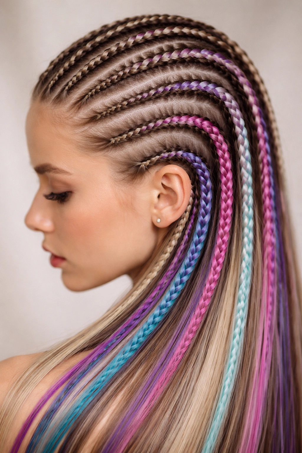 Straight hair with colored extension cornrows weaving in multiple colors