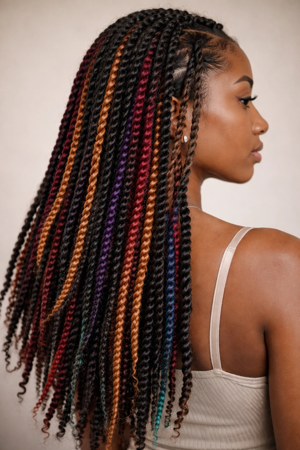 Close-up of coily hair with colored extensions braided into two-strand twists