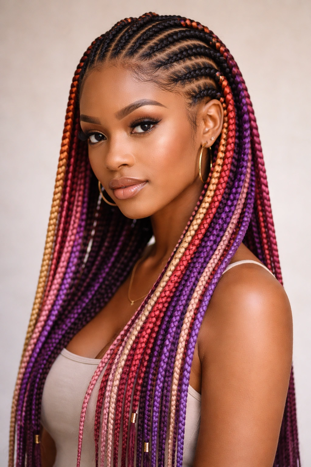 Knotless cornrows with colorful feed-in extensions woven through all braids