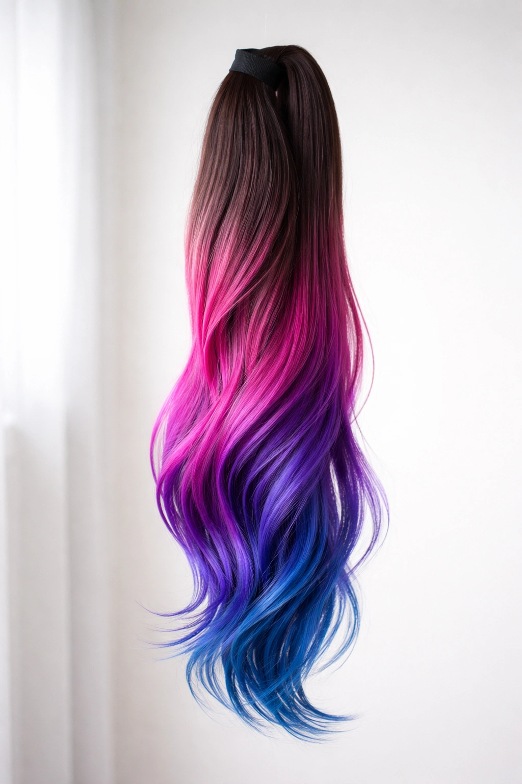 Ombré colored ponytail extension showing a root-to-tip gradient in vibrant colors