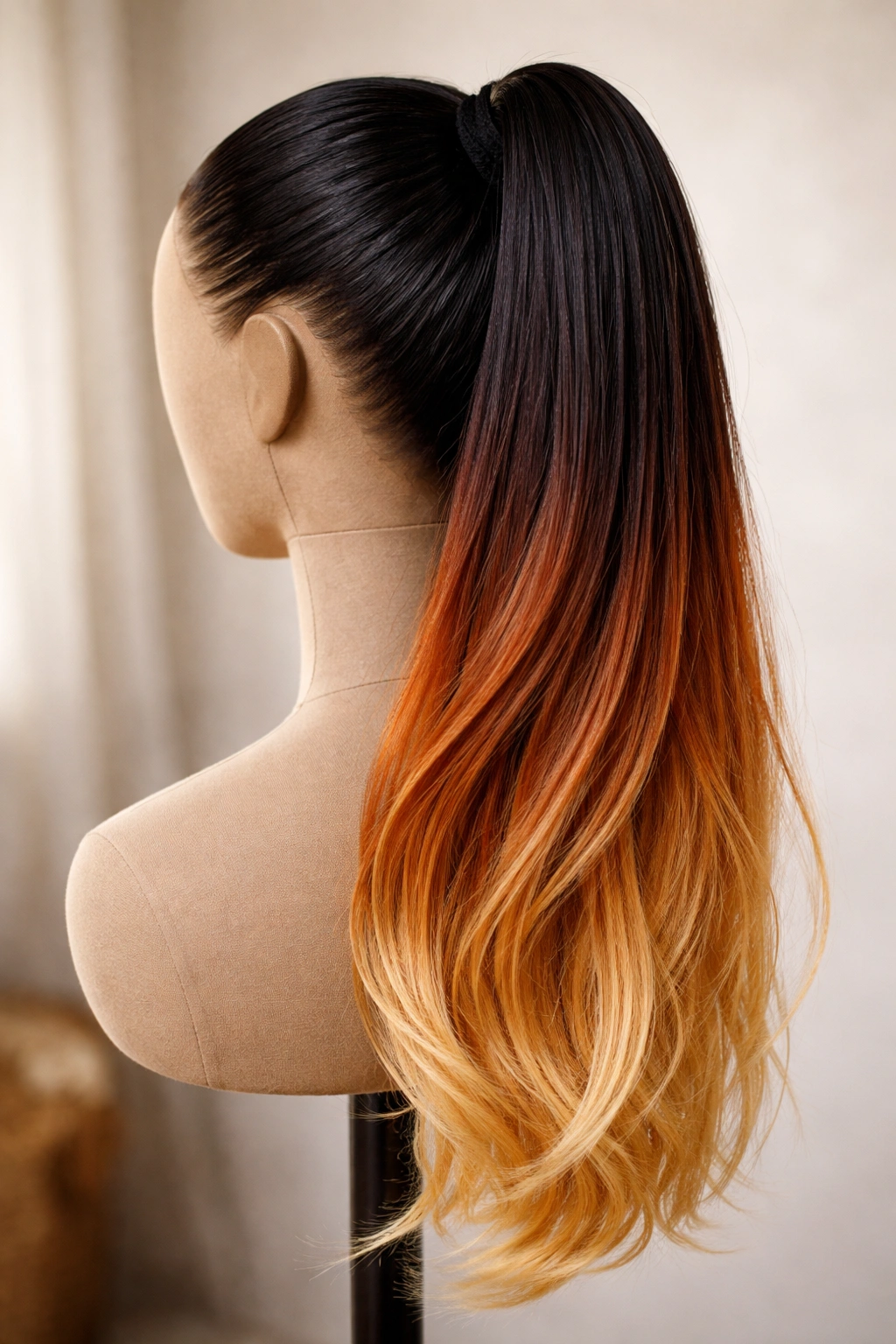 Ponytail extension with bold ombré colors