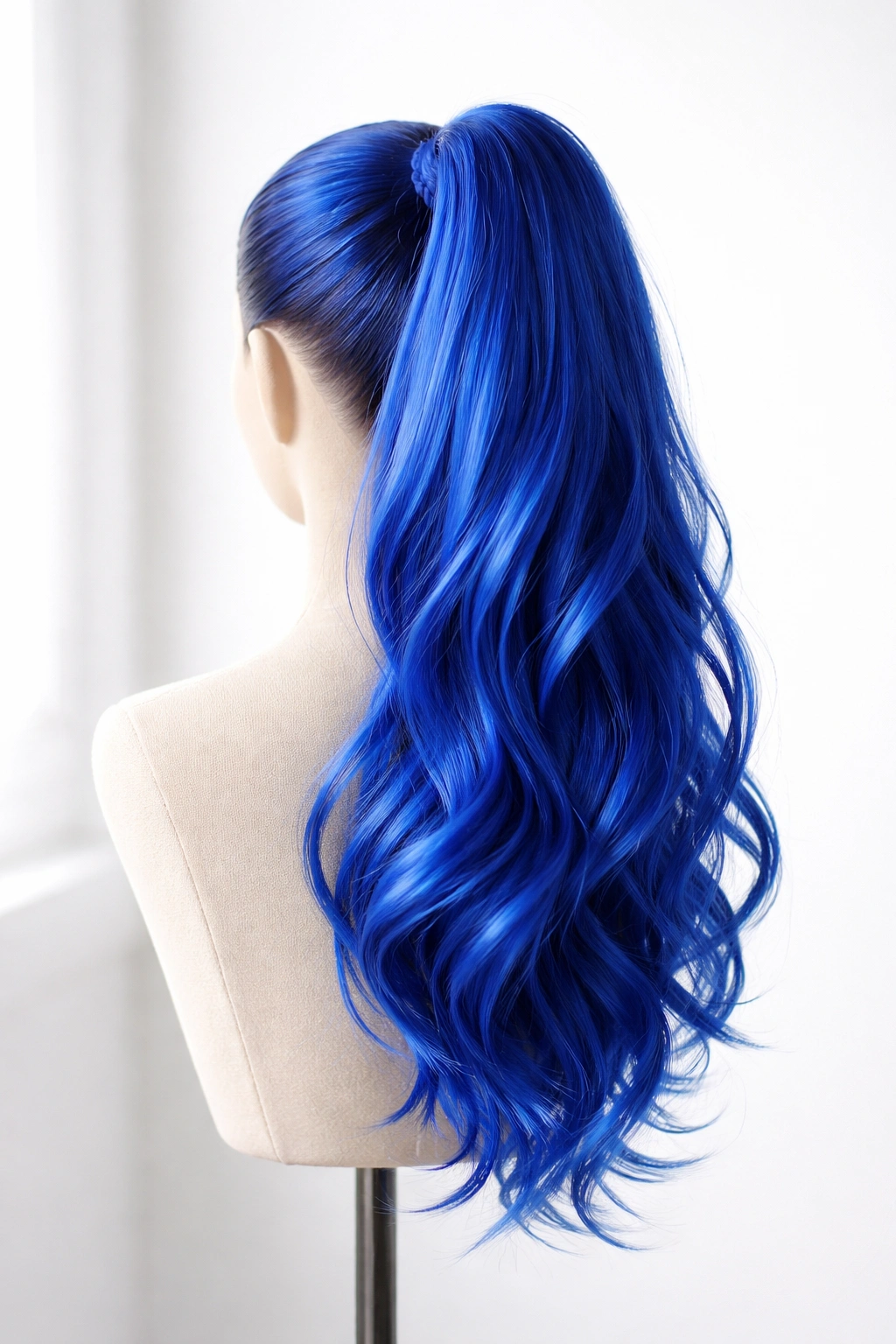 Electric cobalt blue clip-in ponytail on a head form in a studio