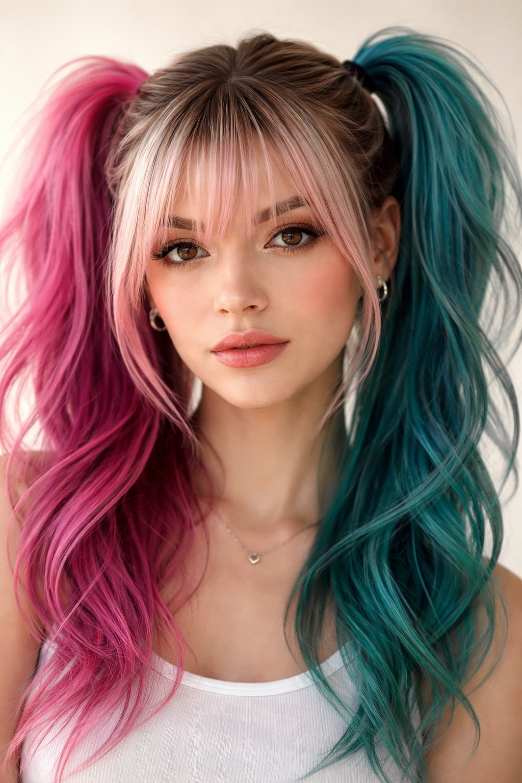 Close-up of Colored Double Ponytails With Shaggy Bangs with vibrant color variation