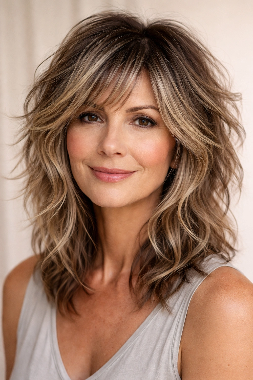 Shag haircut with subtle balayage highlights enhancing texture and dimension.