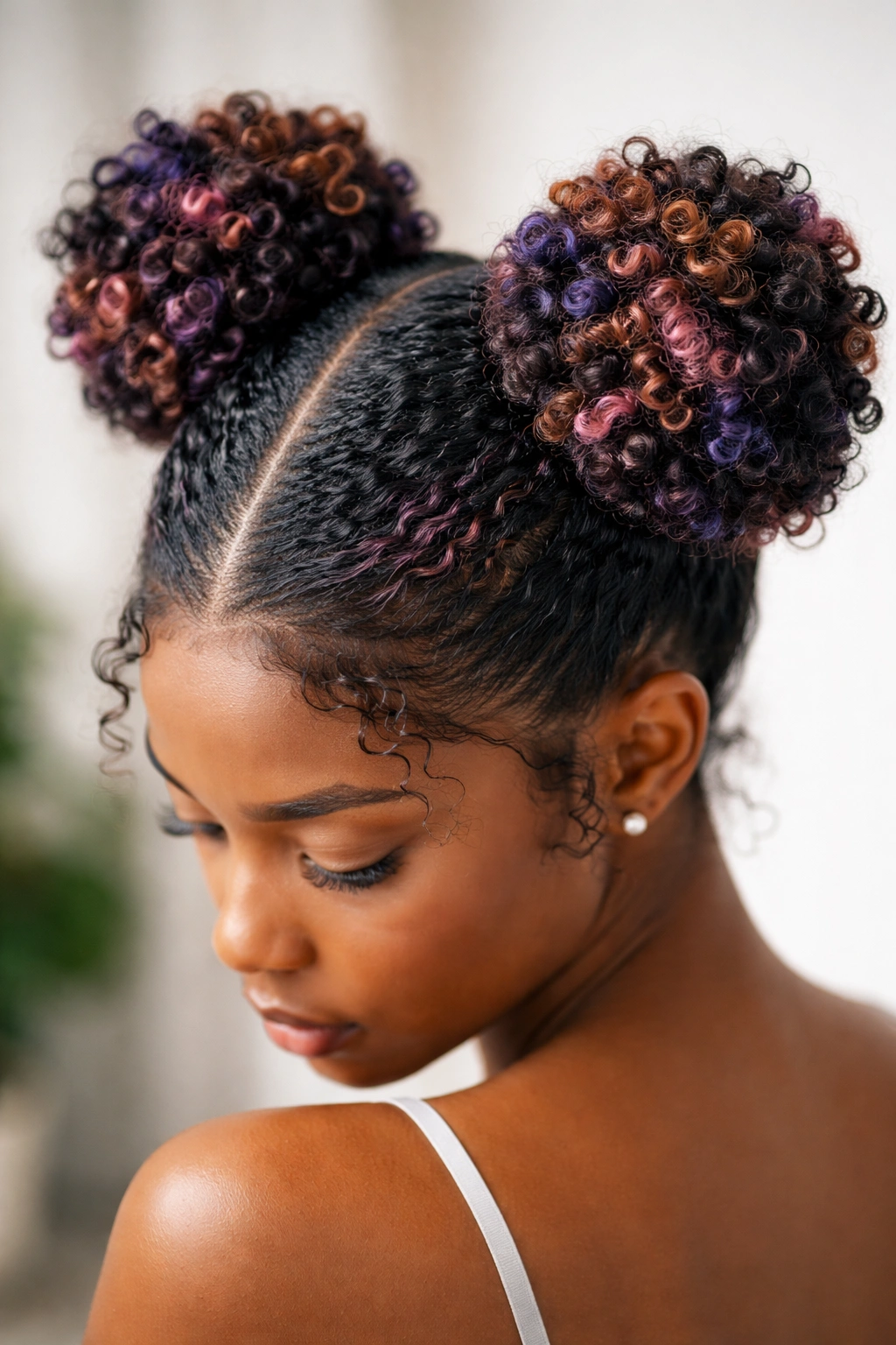 Close-up of Colored Space Bun Accents showing color highlights in coils