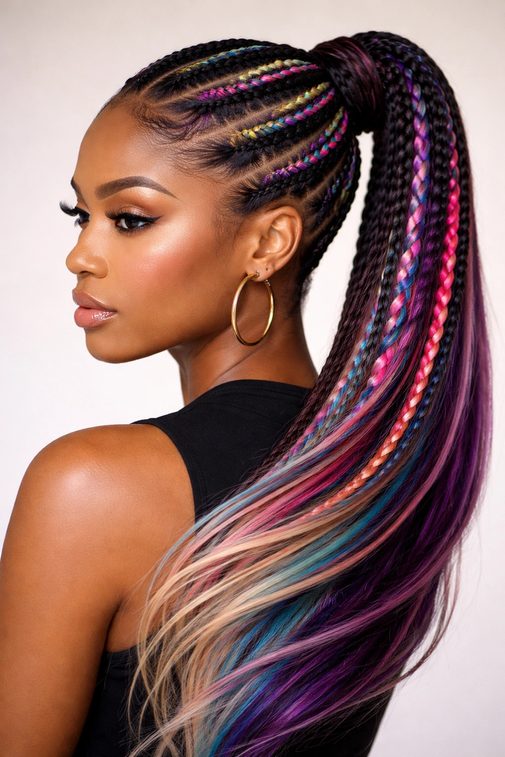 Ponytail with colored stitch braids showing vibrant color throughout