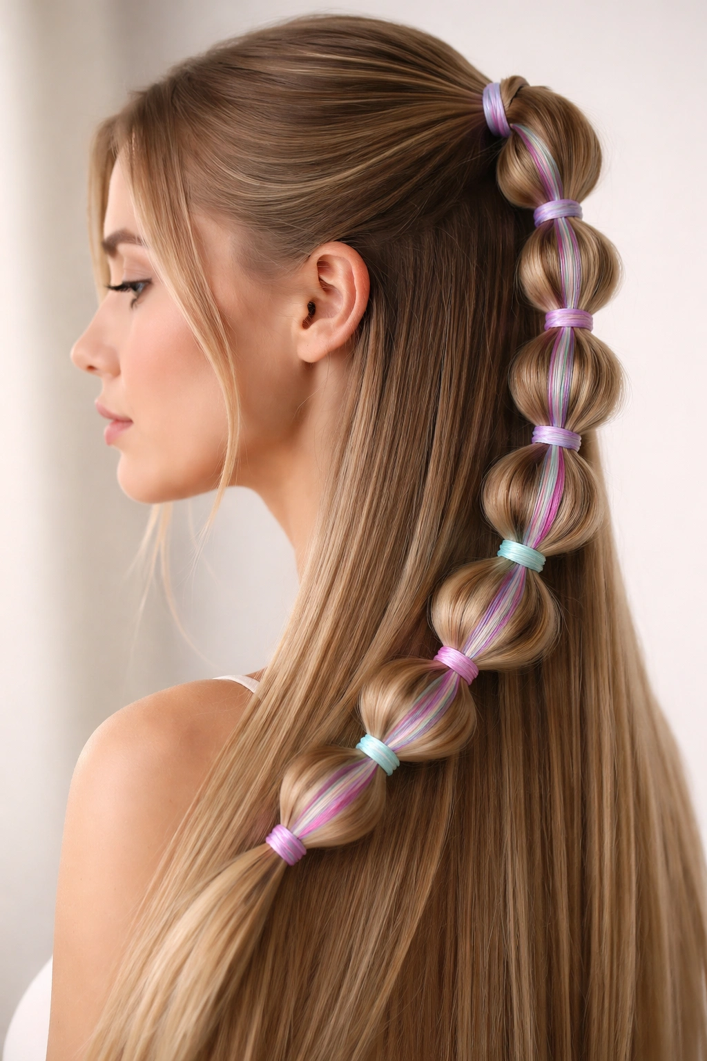 Bubble braid with colored thread woven through bubbles on straight hair
