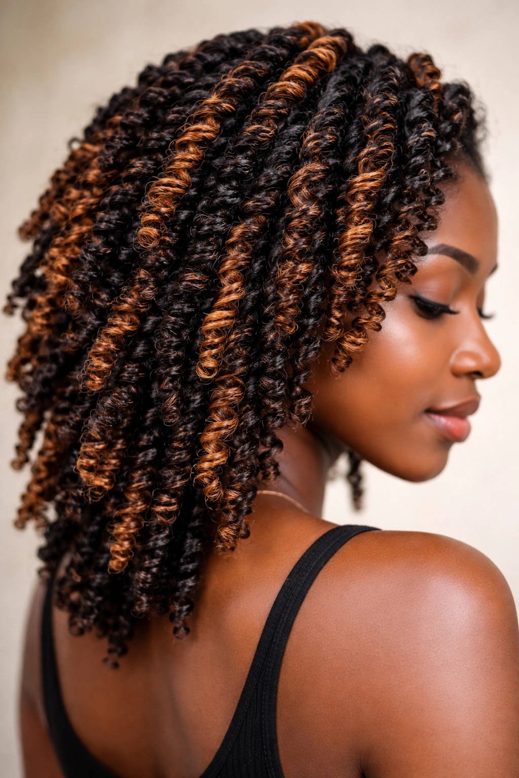 Twist out with colored highlights woven into the twists