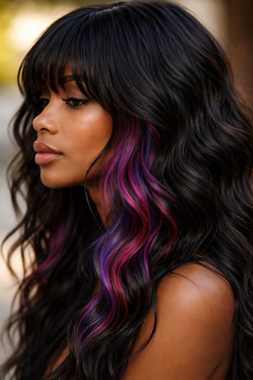 Side profile showing colored underpiece peeking through textured waves with bangs