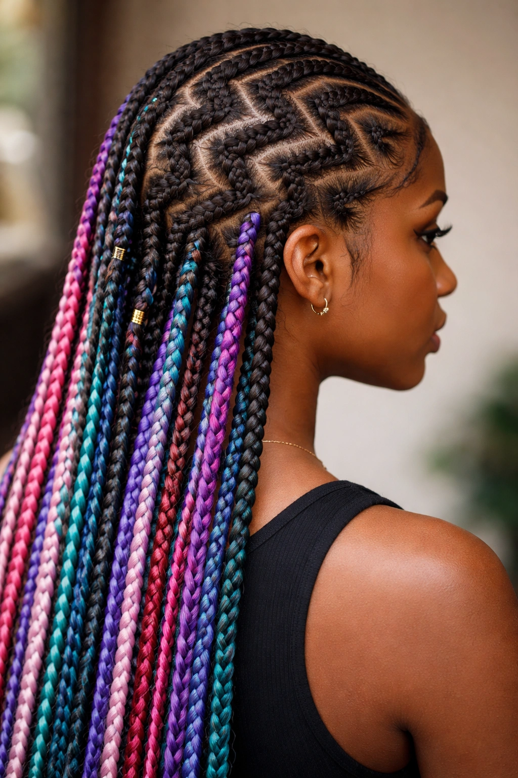 Zigzag cornrows with colored box braids creating color contrast