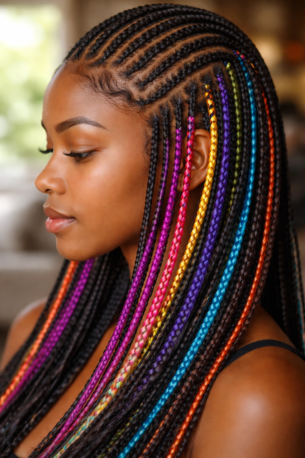 Close-up of micro cornrows with colorful extensions woven through the braids