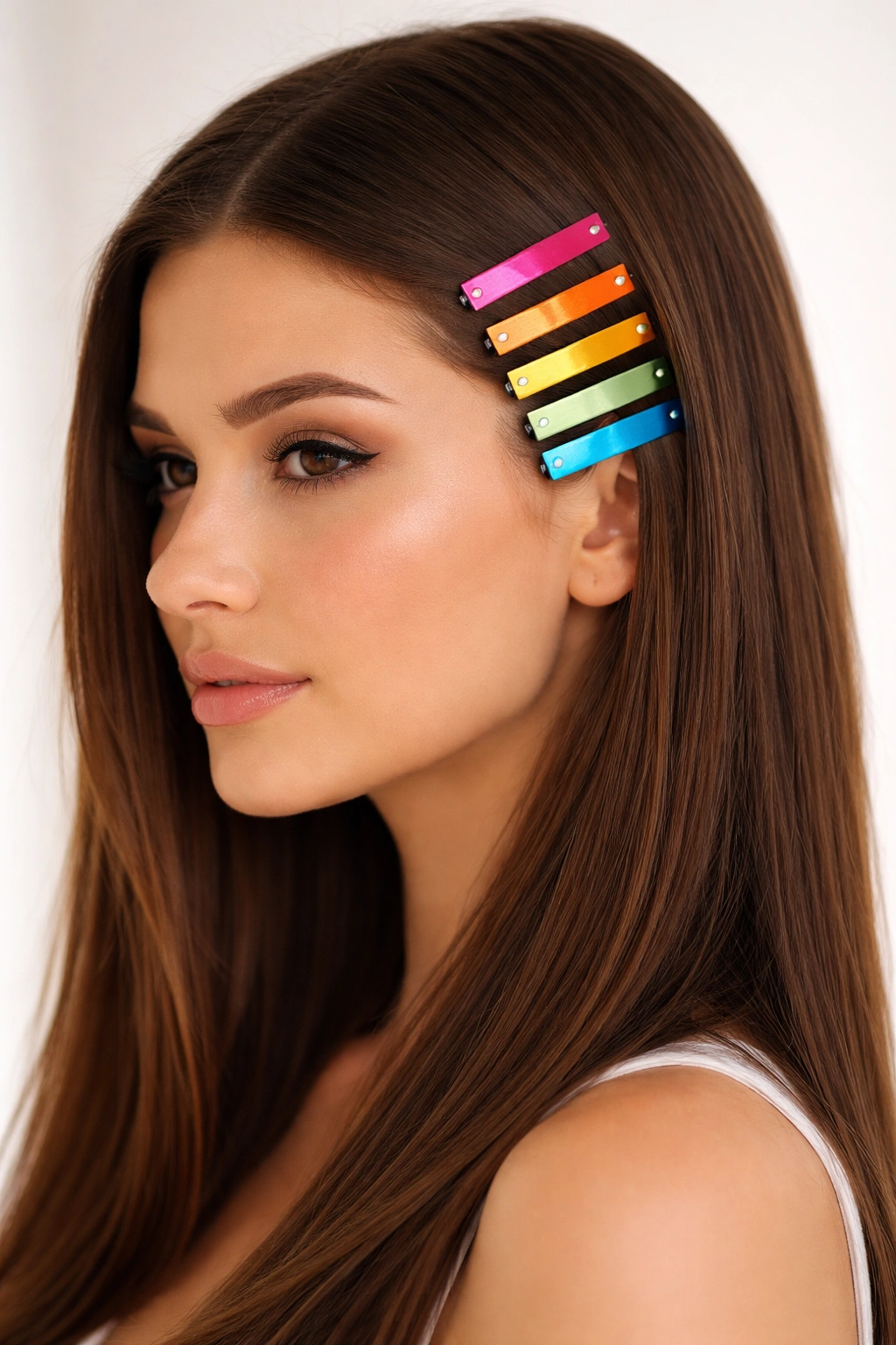 Side view of straight hair with colorful clips along the hairline framing the face