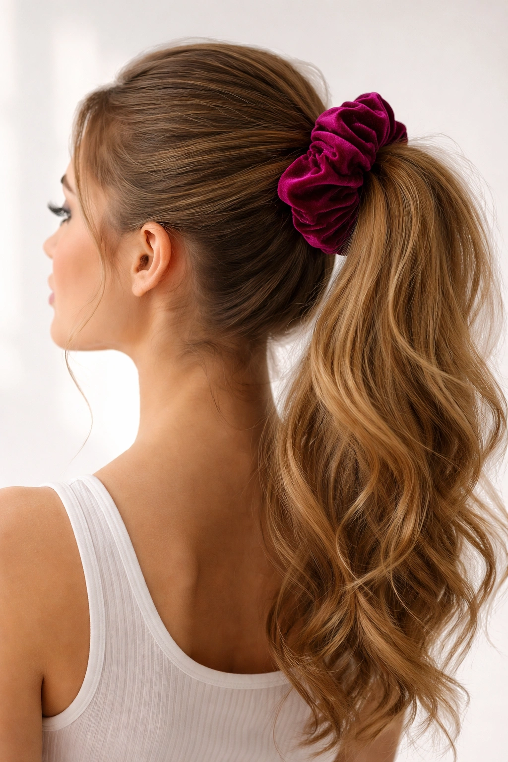 High ponytail with bold jewel-tone velvet scrunchie focal point