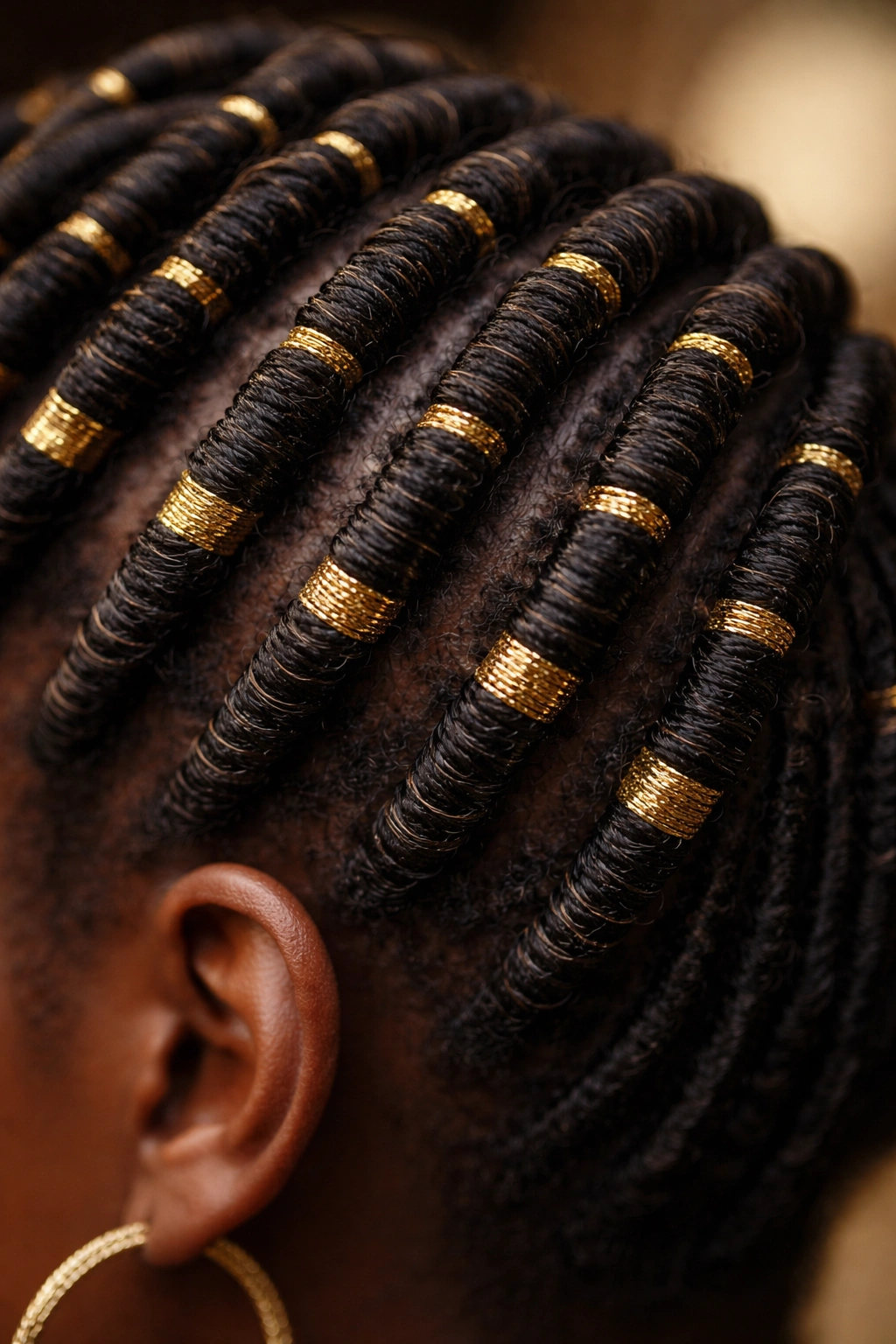 Macro close-up of coil hair with gold thread integrated in comb coils