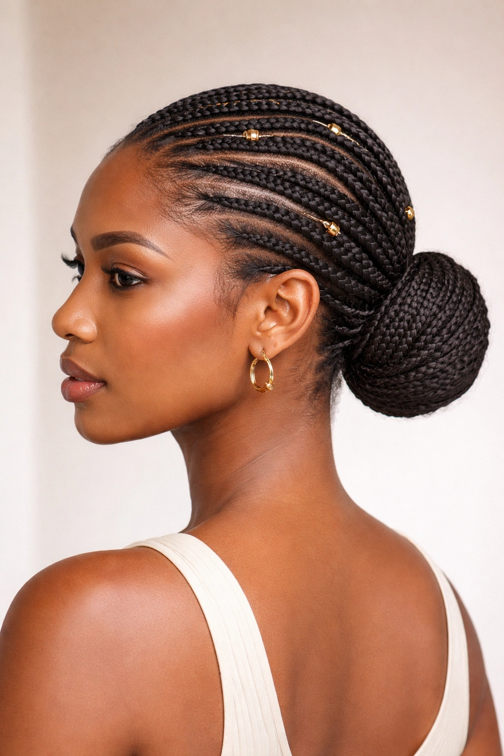 Close-up of compact Fulani braids in a sleek low bun