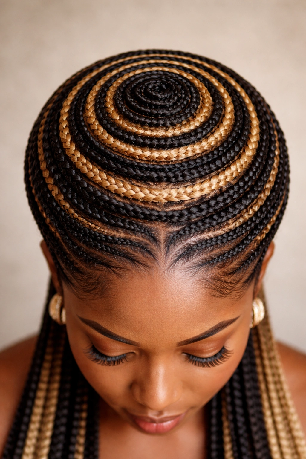 Concentric circle braids radiating outward from the crown
