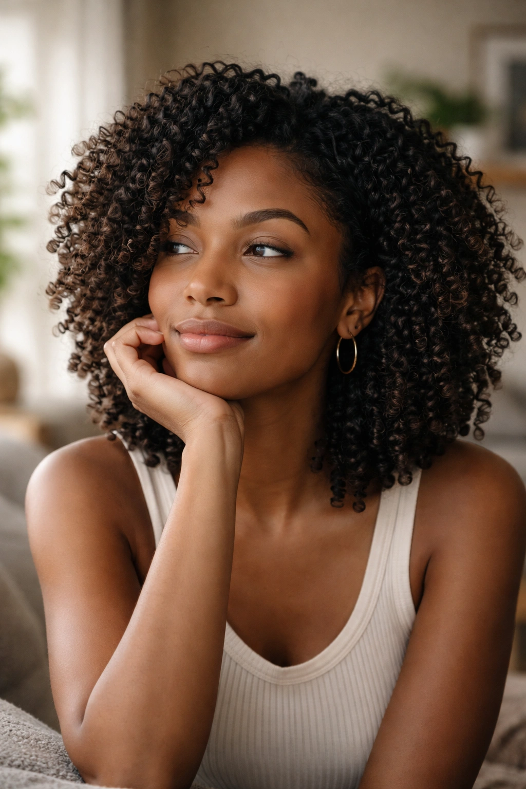 Contemplative portrait of a person with coily hair in soft natural light