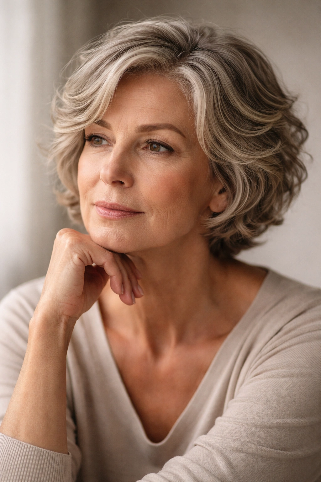 Contemplative portrait of a mature woman with a calm expression and soft lighting