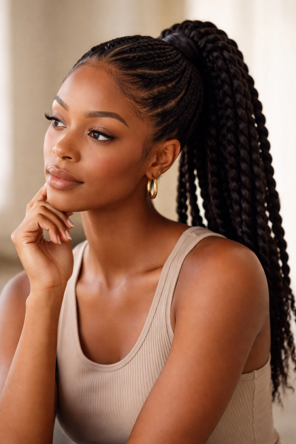 Contemplative portrait with twist ponytail