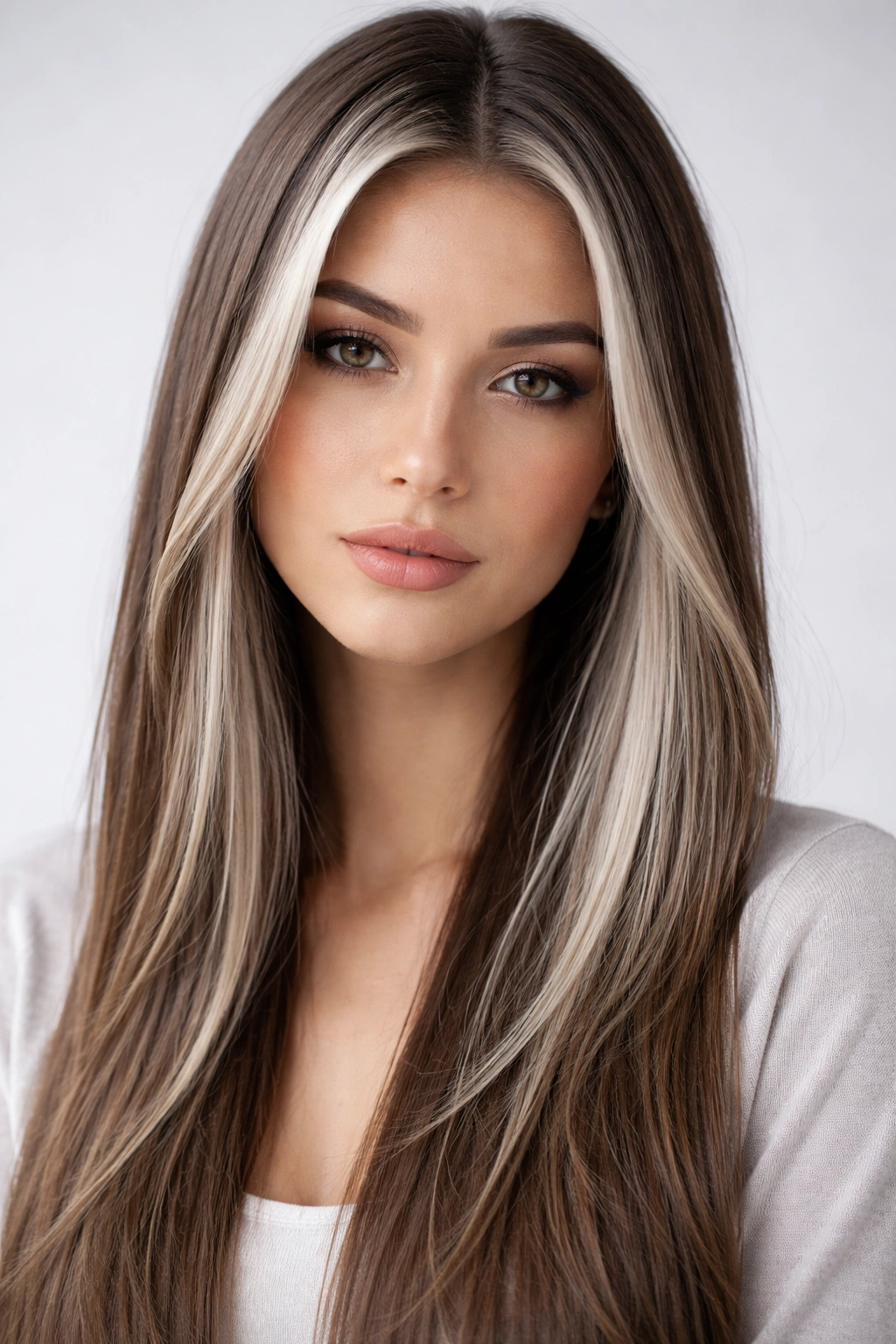 Cool ash blonde money piece highlights on straight hair with silvery undertones