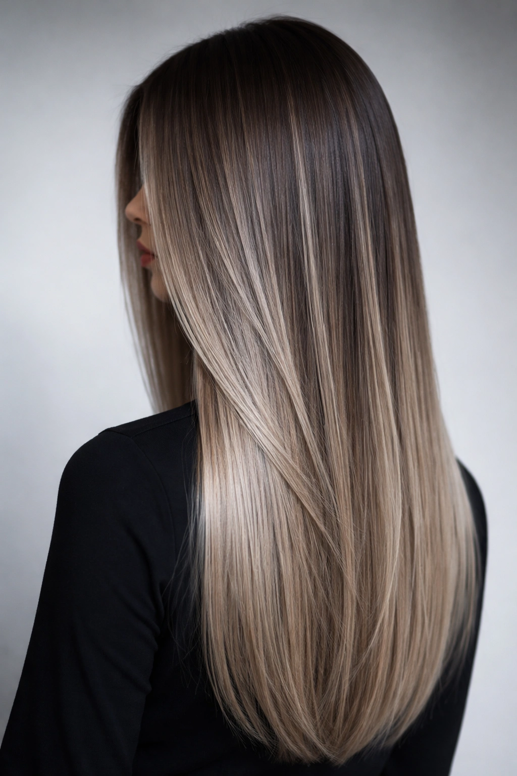 Straight hair with cool-toned ash balayage creating a sleek, editorial look