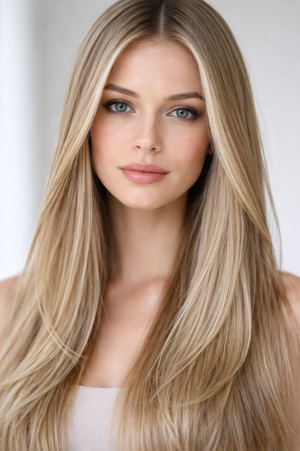 Straight hair with ash champagne undertones in honey blonde on cool-toned lighting