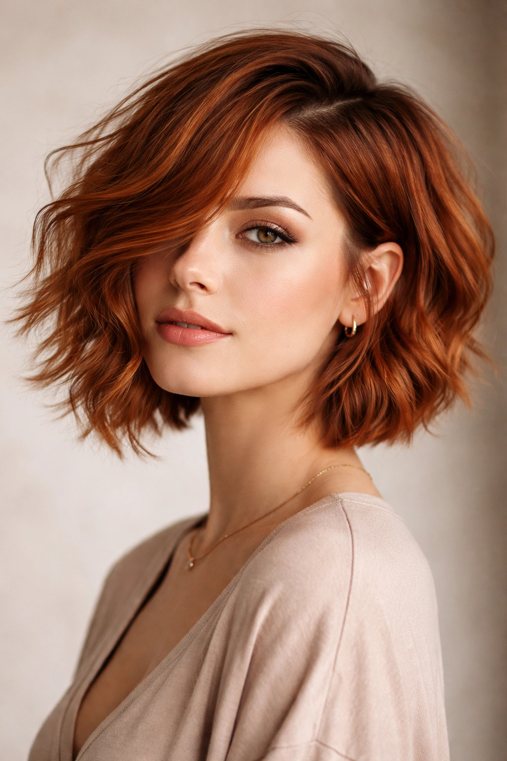 Copper wavy asymmetrical bob with one longer side and soft waves