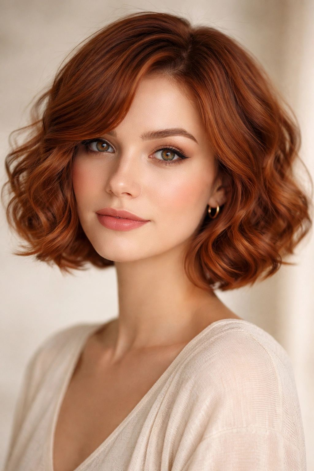 Copper auburn soft curl bob with defined soft curls