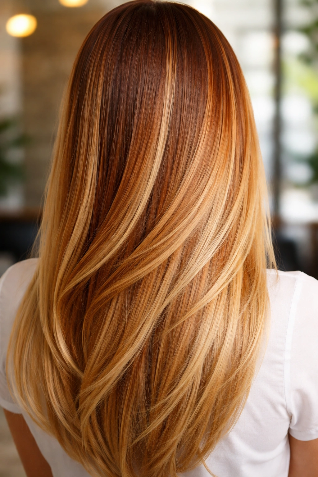 Straight hair with copper balayage on blonde base showing sun-kissed highlights