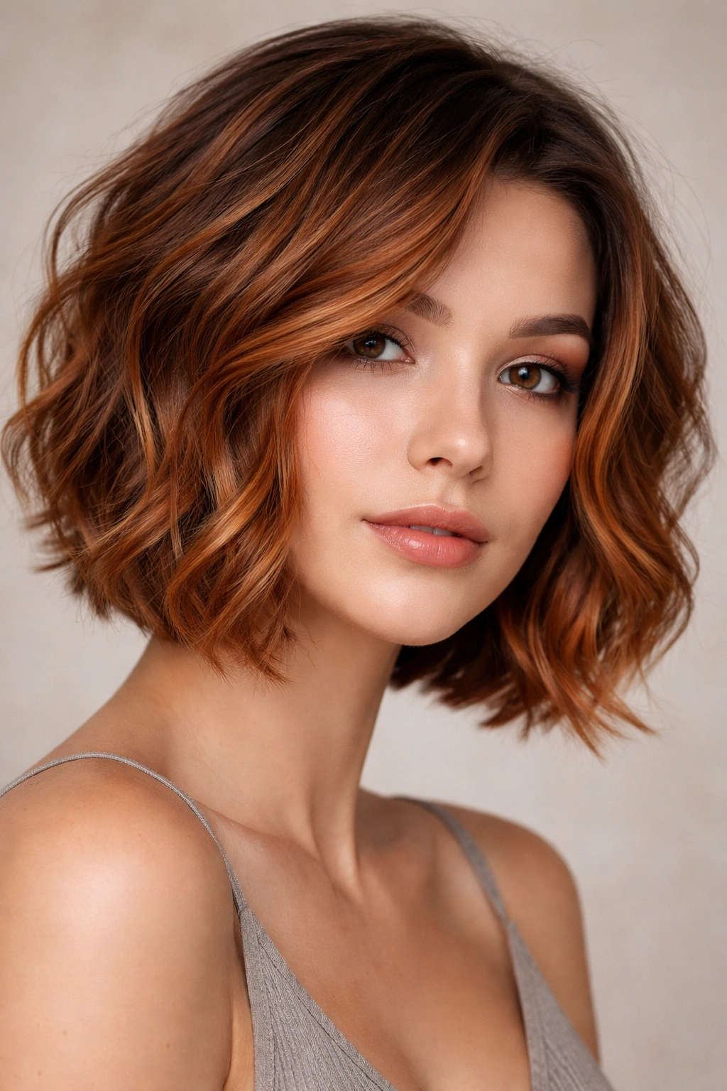 Copper balayage wave bob close-up with sun-kissed highlights and depth