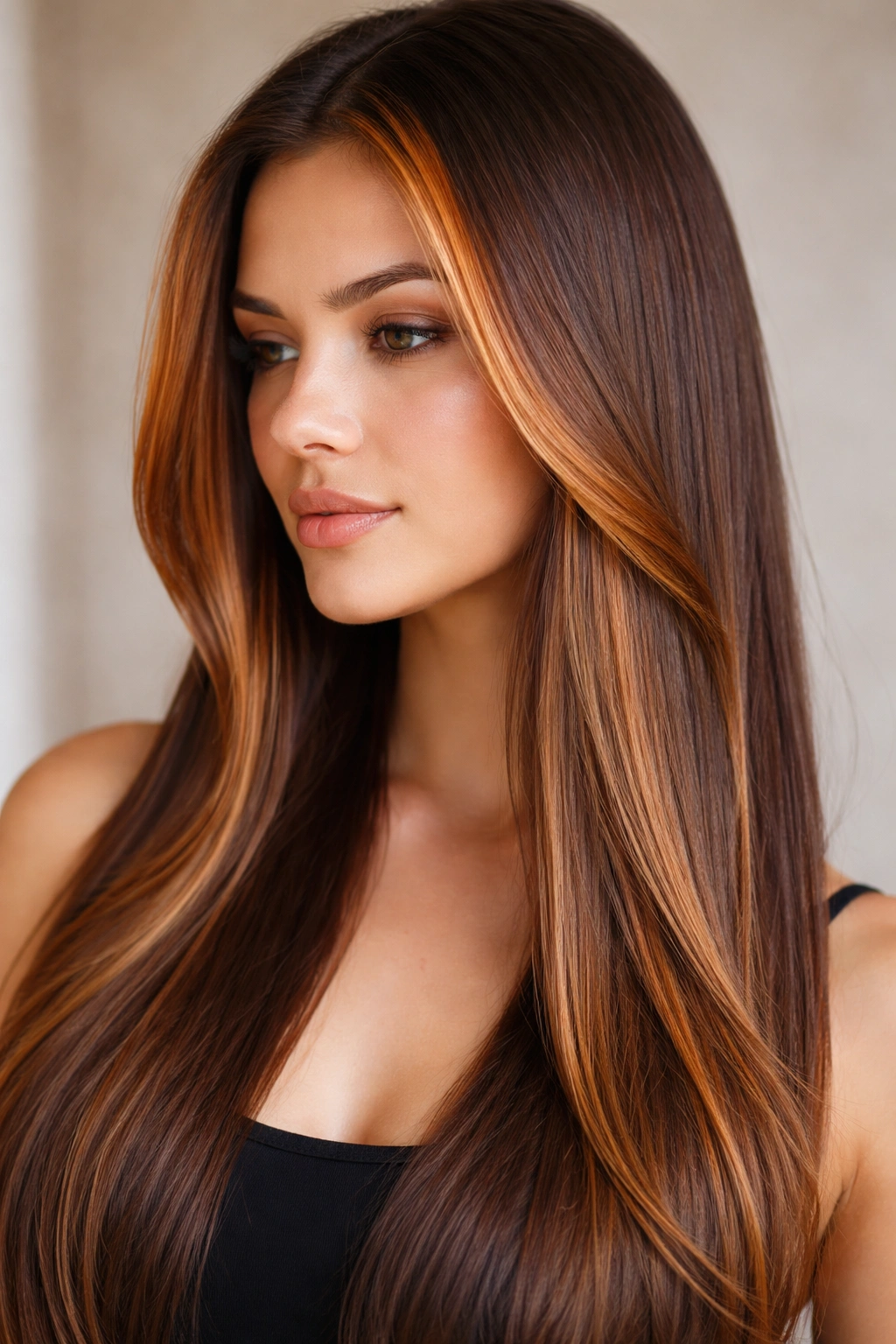Close-up of copper balayage money pieces framing straight hair with warm glow