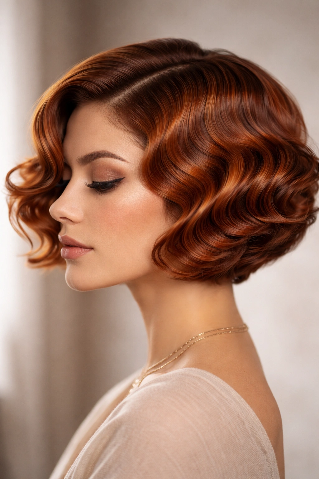 Close-up profile of a copper brick-toned retro wave bob with tight sculpted waves.
