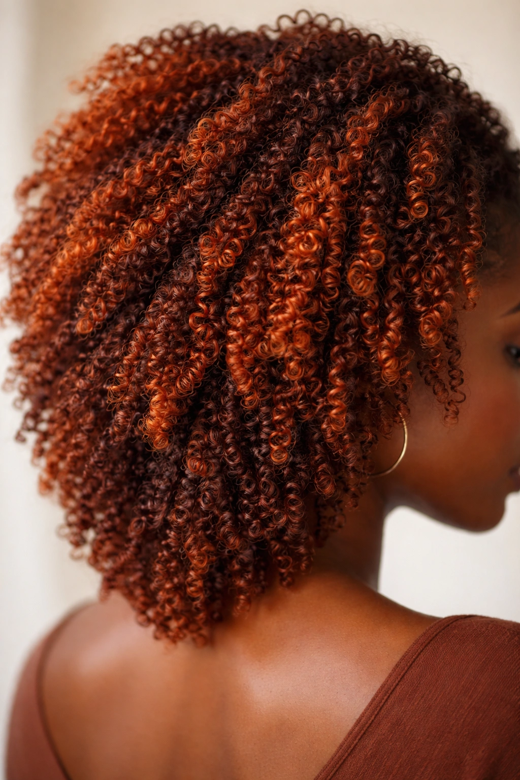 Close-up of copper and bronze coily hair with warm tones and dimensional curls