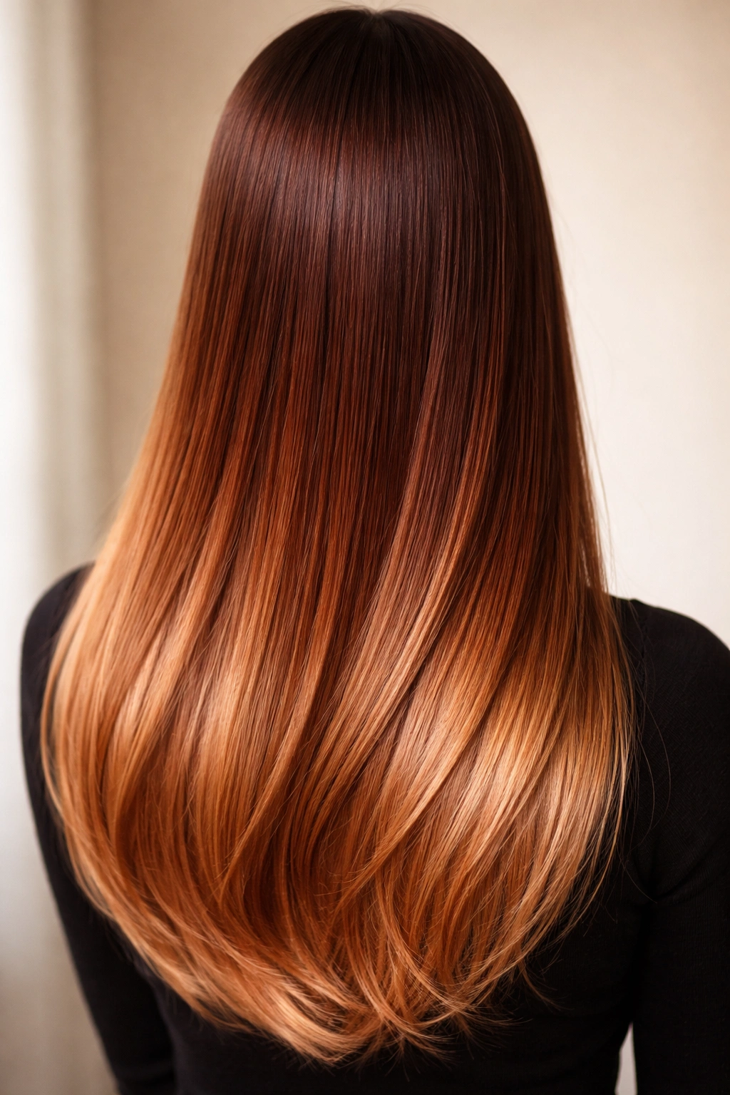 Close-up of straight hair with copper and bronze ombre showing metallic gradient
