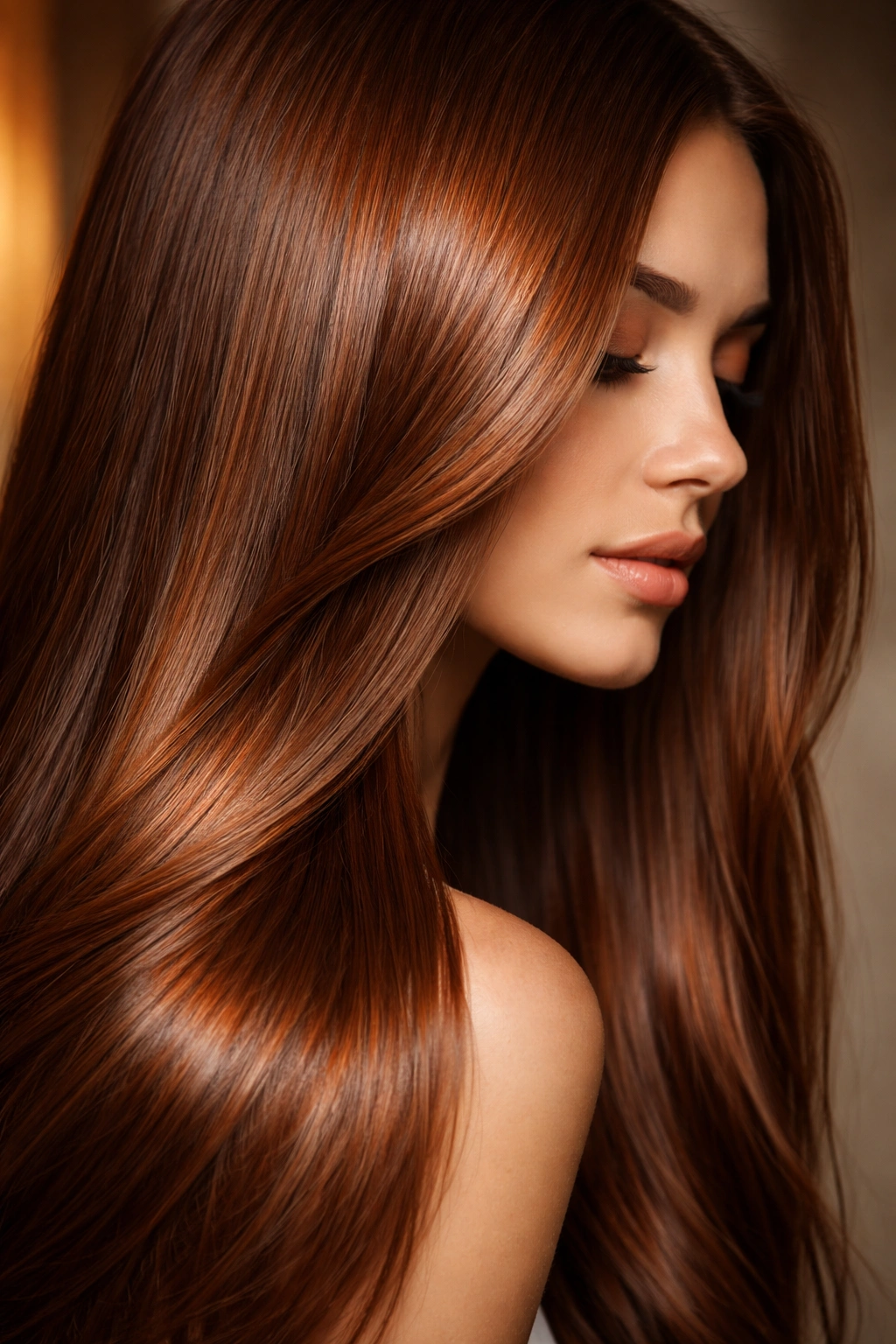 Close-up of straight hair in copper brown with coppery-red undertones