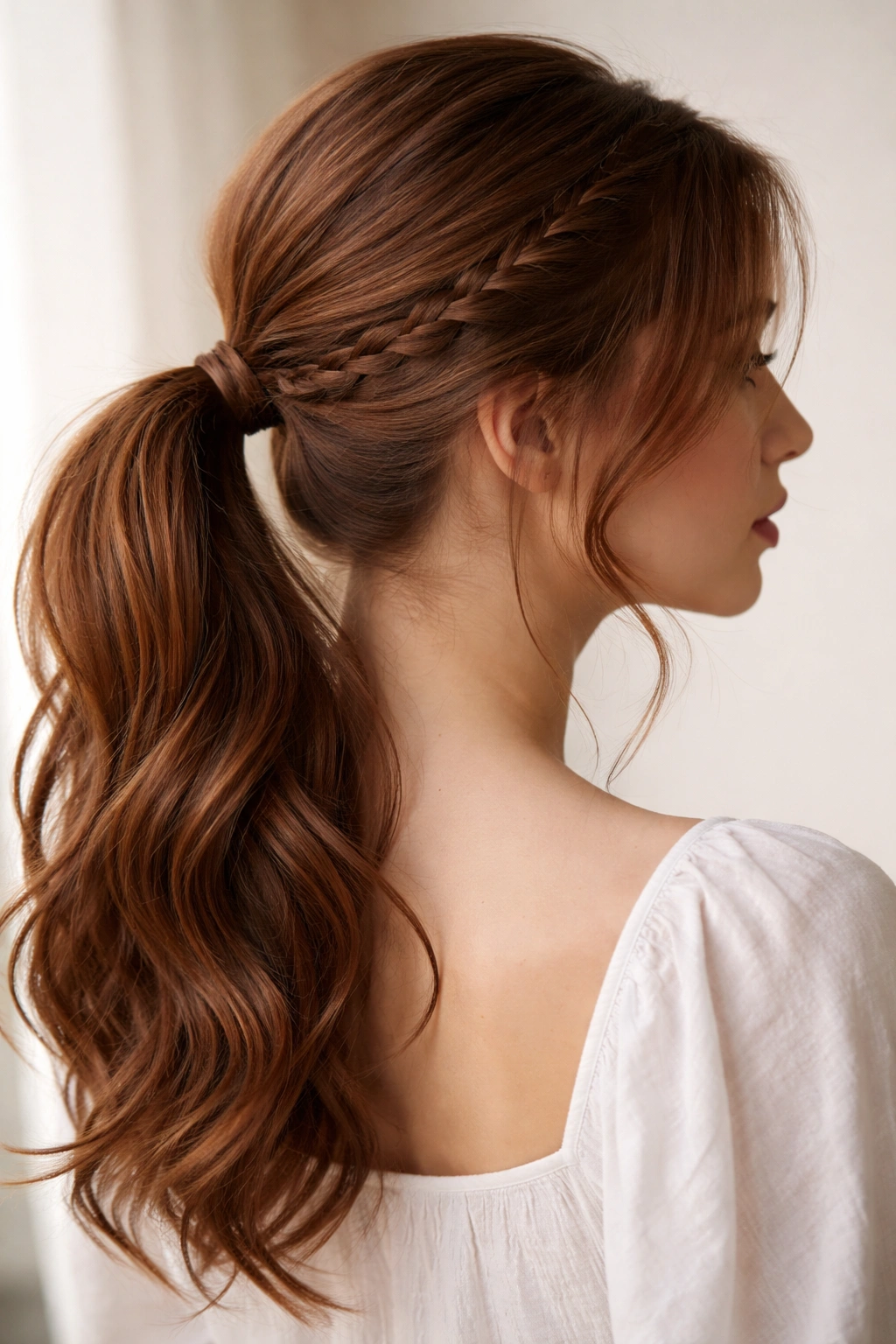 Copper brown ponytail with delicate braid