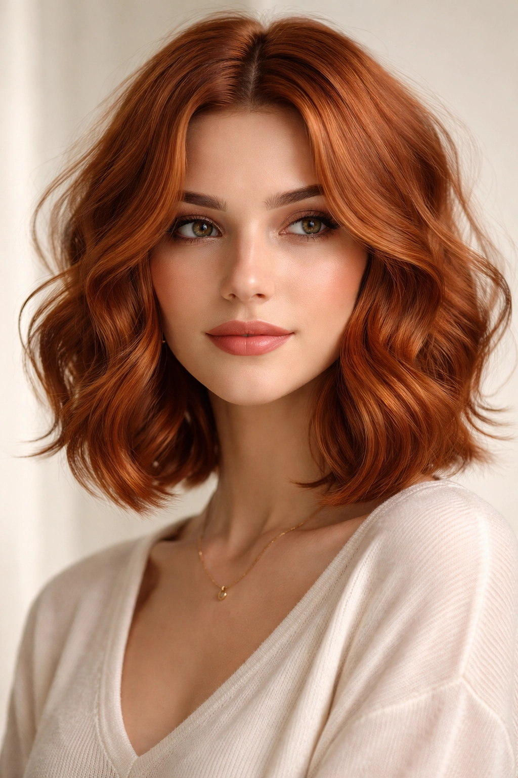Close-up of copper wavy curtain cut with face-framing strands under soft studio lighting