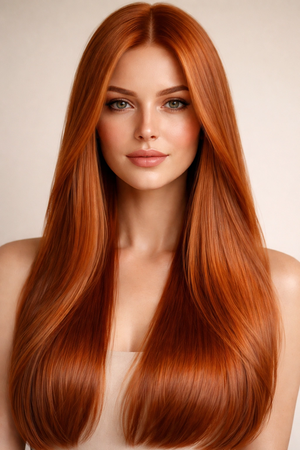 Close-up of copper ginger hair on straight strands with metallic shine