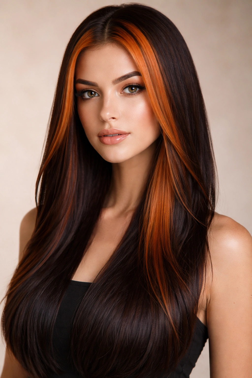 Straight hair featuring a copper and espresso skunk stripe with rich warm tones and defined contrast.