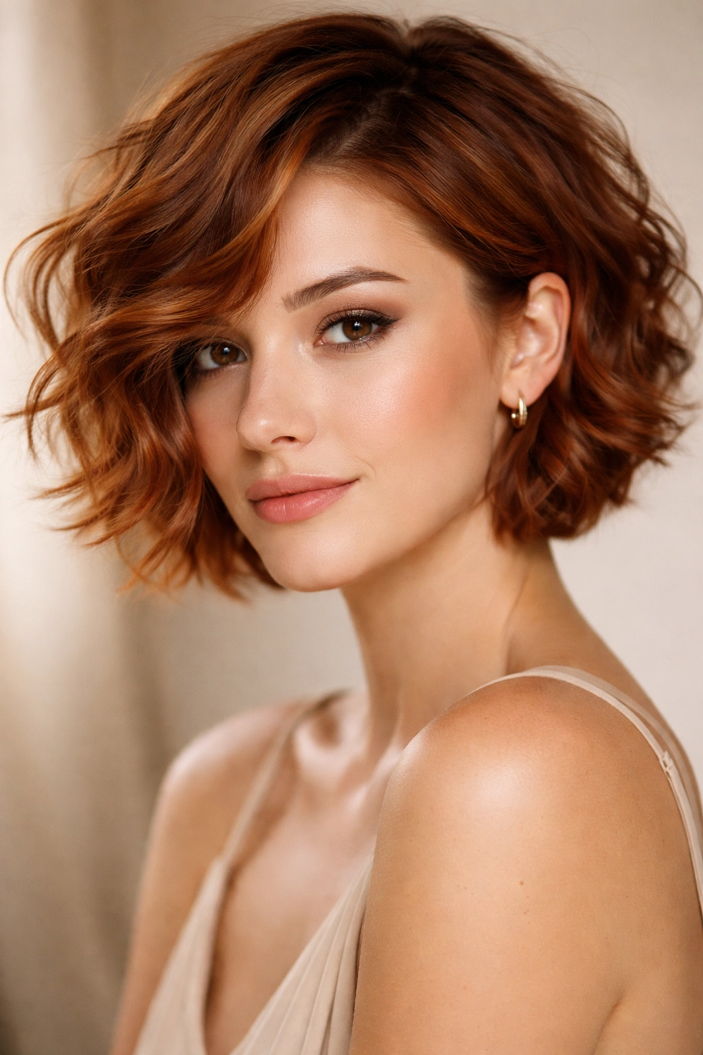 Close-up portrait of copper short wavy hair showcasing shine and texture
