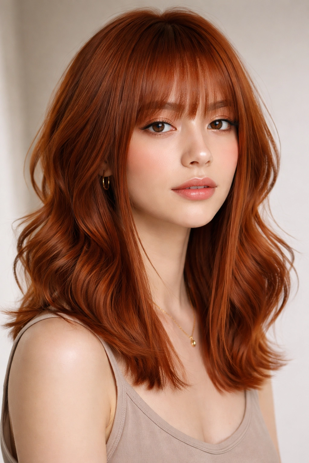Copper wavy hime cut with long front pieces and shorter back