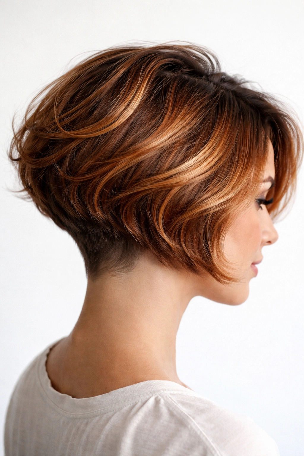 Copper honey highlighted undercrop bob with long top and short underneath