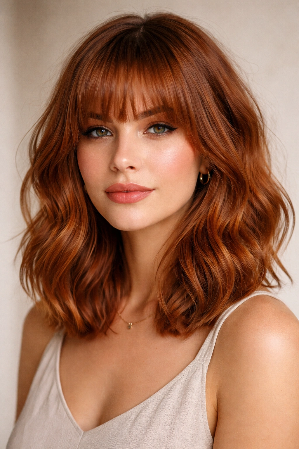 Copper wavy lob with bangs framing the face